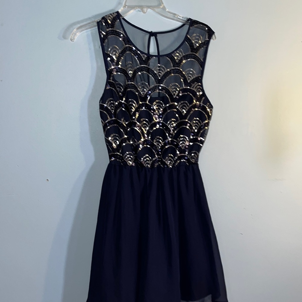 As u wish size 7 navy blue with silver sequins sheer top dress